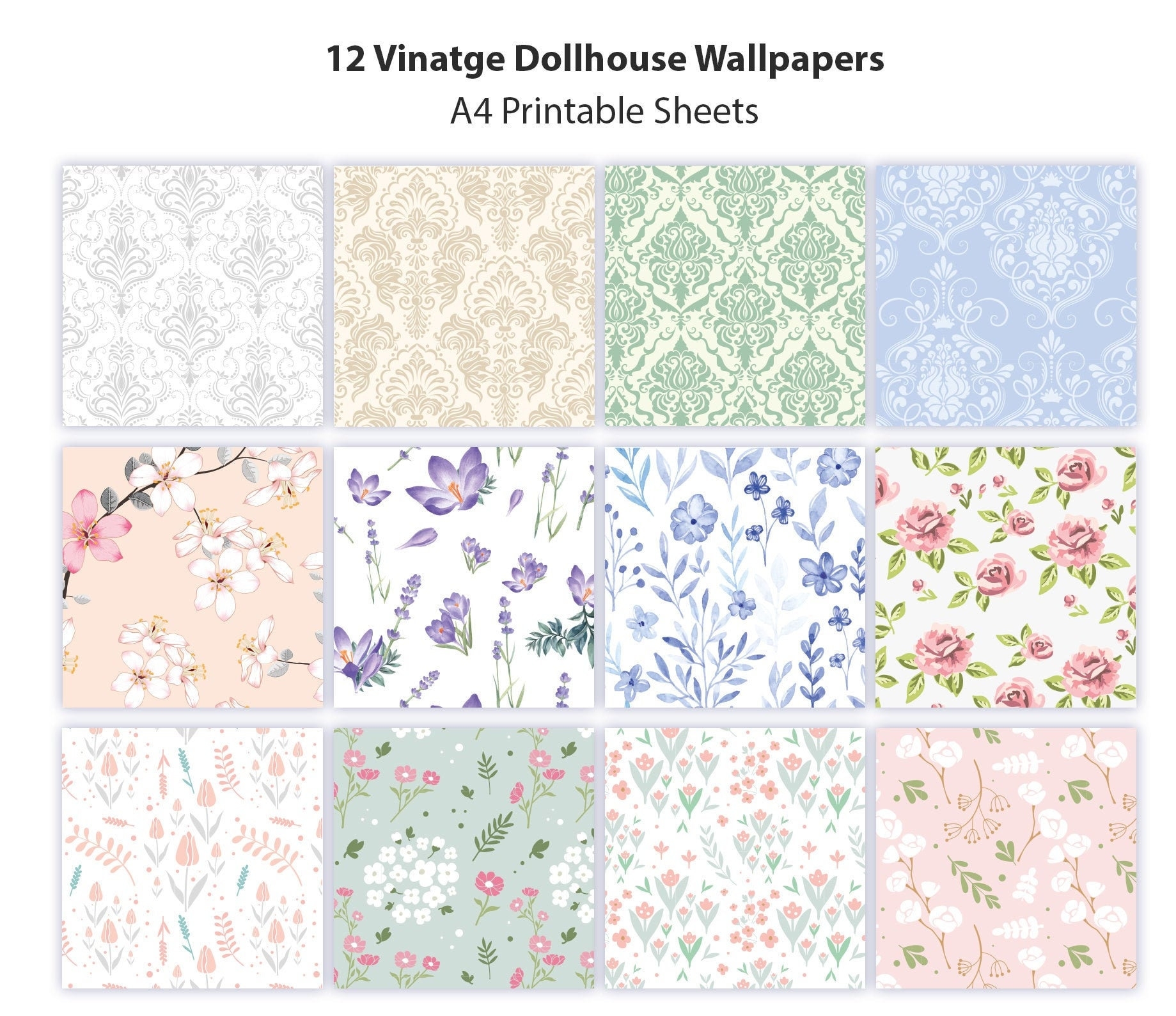 12 Dollhouse Vintage Wallpaper Patterns 12 Sheets In A4 Format Instant Download Print Cut And Glue To Your Dollhouse PDF Sheet Etsy Canada