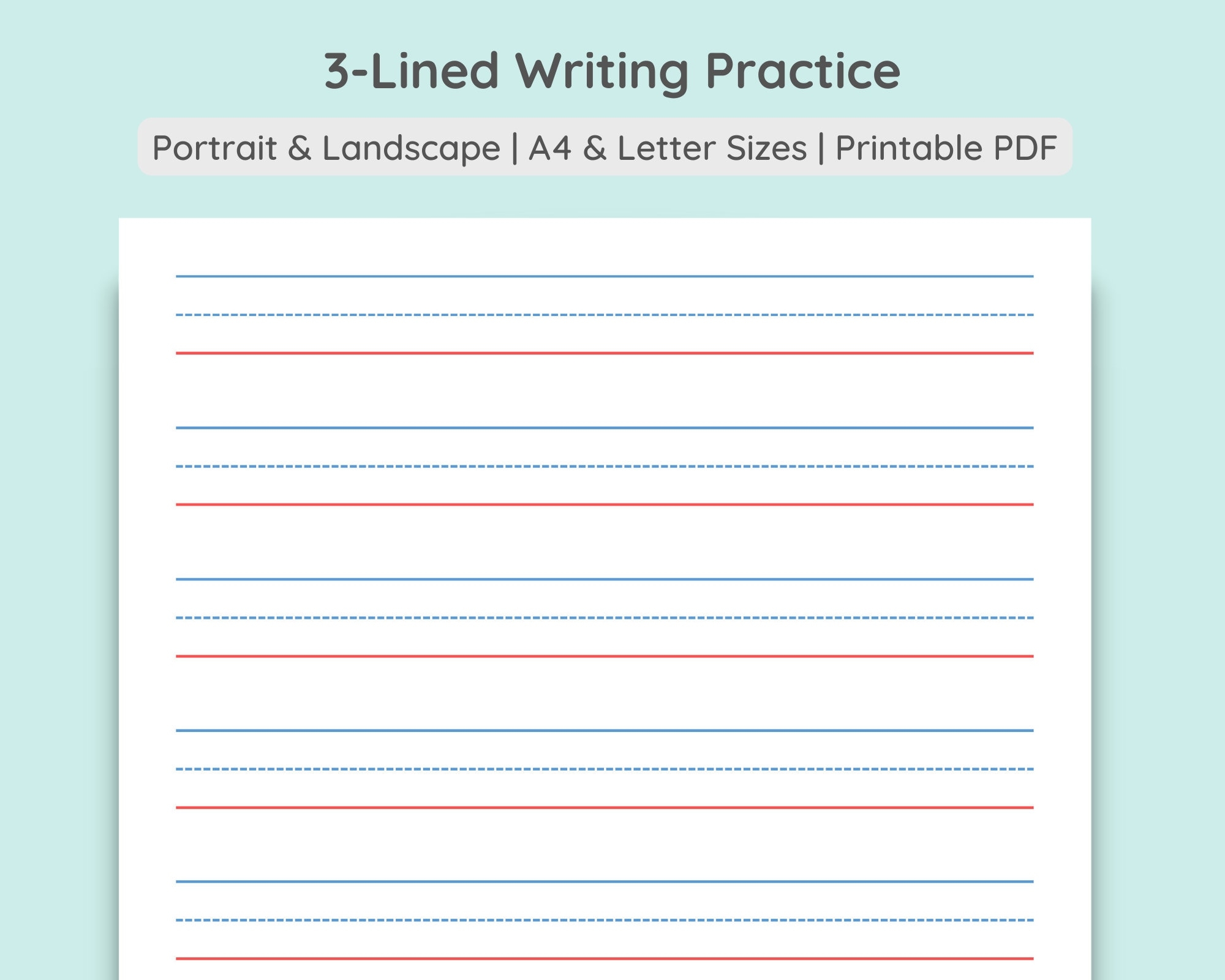 3 lined Writing Practice Paper Handwriting Penmanship Calligraphy Sheet Colored Grey Portrait Landscape A4 Letter PDF Download Etsy