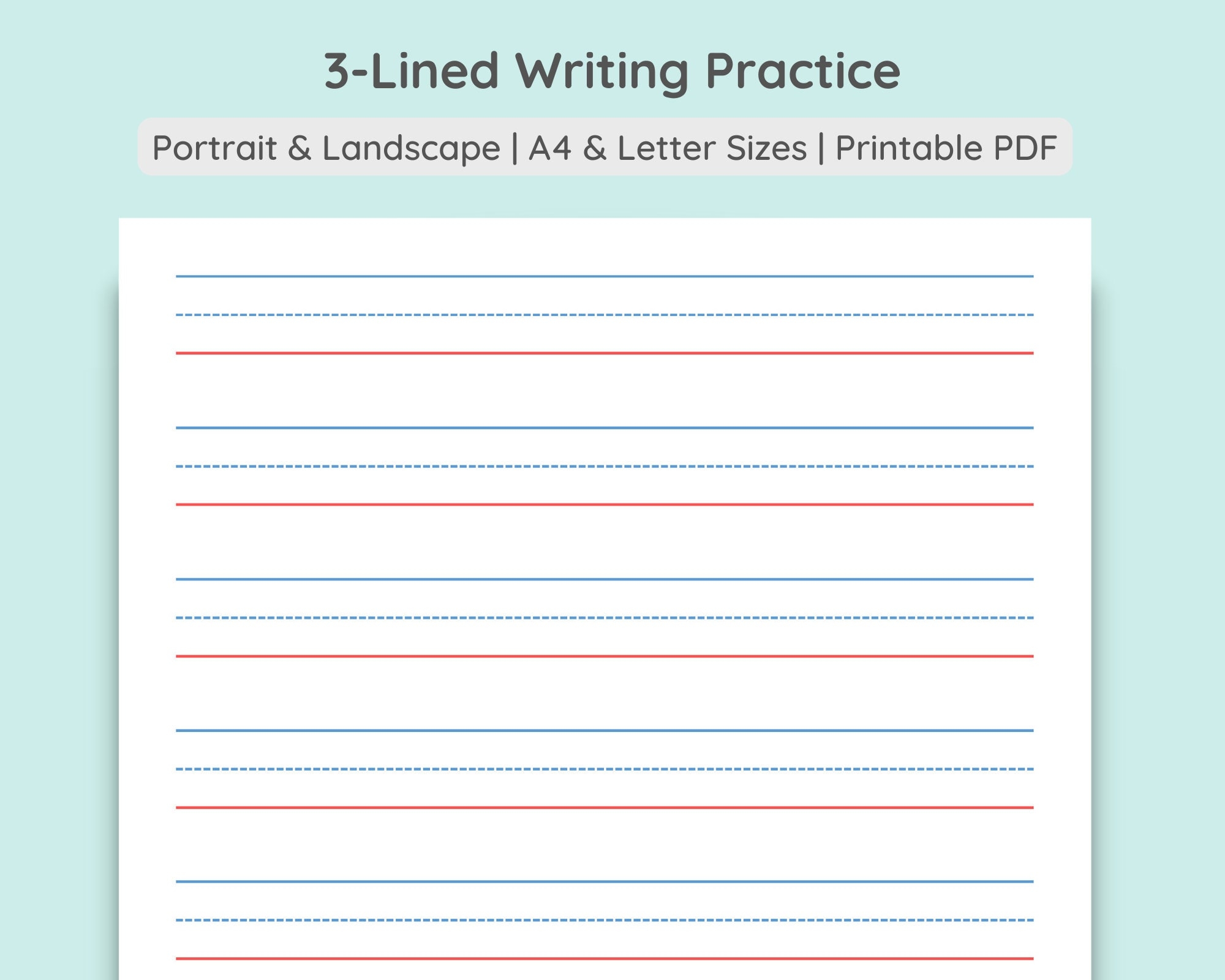 3 lined Writing Practice Paper Handwriting Penmanship Calligraphy Sheet Colored Grey Portrait Landscape A4 Letter PDF Download Etsy