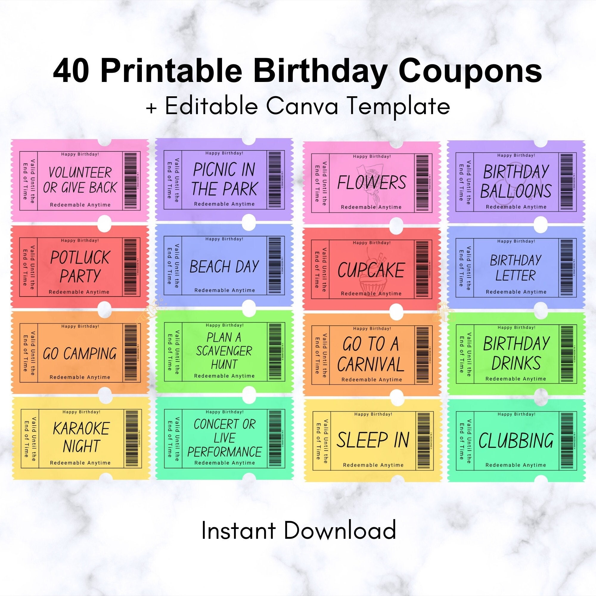 40 Printable Birthday Coupons Birthday Vouchers Birthday Gift Ideas Birthday Present Editable Canva Template Personalized Coupons Etsy