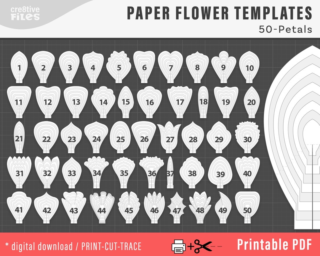 50 PDF PRINTABLE Paper Flower PETAL Templates Diy Large Paper Flower Templates Molde De Flores De Papel Print cut trace Flower Templates Etsy
