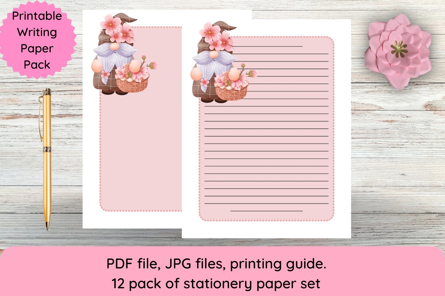 A Set Of Cute Gnome Printable Lined And Unlined Stationery