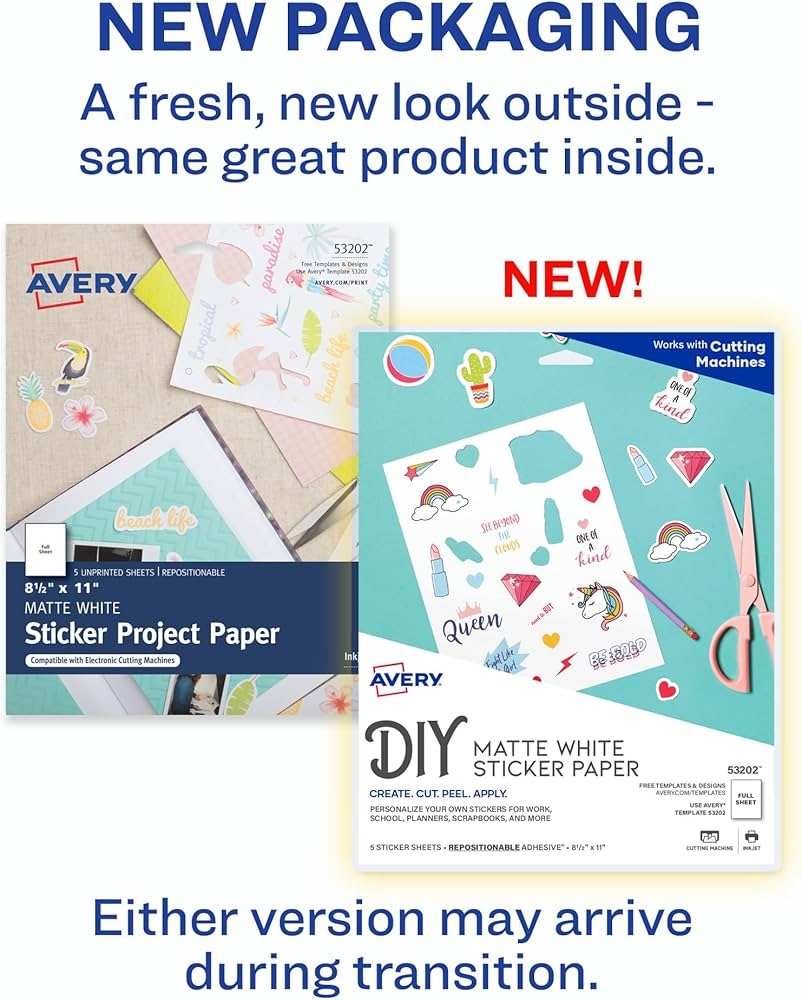 Amazon Avery Printable Sticker Paper 8 5 X 11 Inkjet Printer White 5 Repositionable Sticker Sheets 53202 Photo Quality Paper Office Products