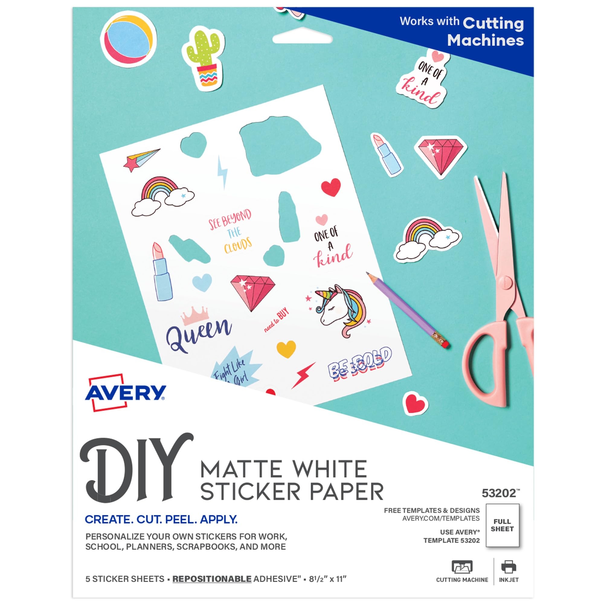 Amazon Avery Printable Sticker Paper 8 5 X 11 Inkjet Printer White 5 Repositionable Sticker Sheets 53202 Photo Quality Paper Office Products