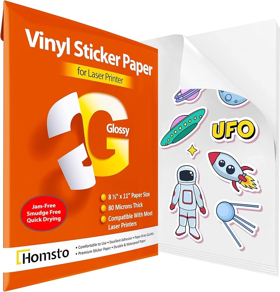 Amazon Homsto Vinyl Sticker Paper Glossy Printable Vinyl Sticker Paper For Laser Printer Quick Drying Water And Scratch Resistant Self Adhesive For Most Surfaces 8 5 X 11 Inches Arts Crafts Sewing