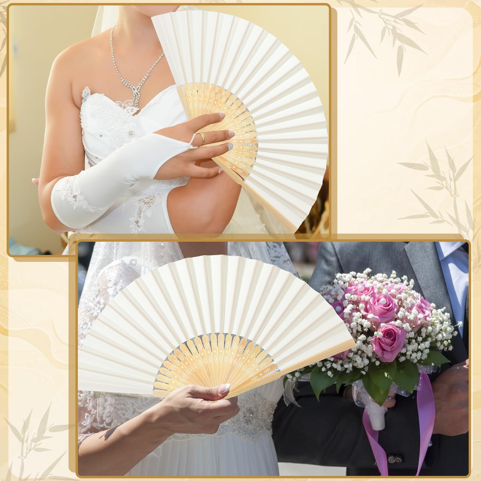 Amazon Roowest 50 Pack Handmade Paper Folding Fans With Gift Bags Thank You Card Bamboo Handheld Folded Fan For Home DIY Office Decor Wedding Party Baby Shower Party Gift Accessories Beige 