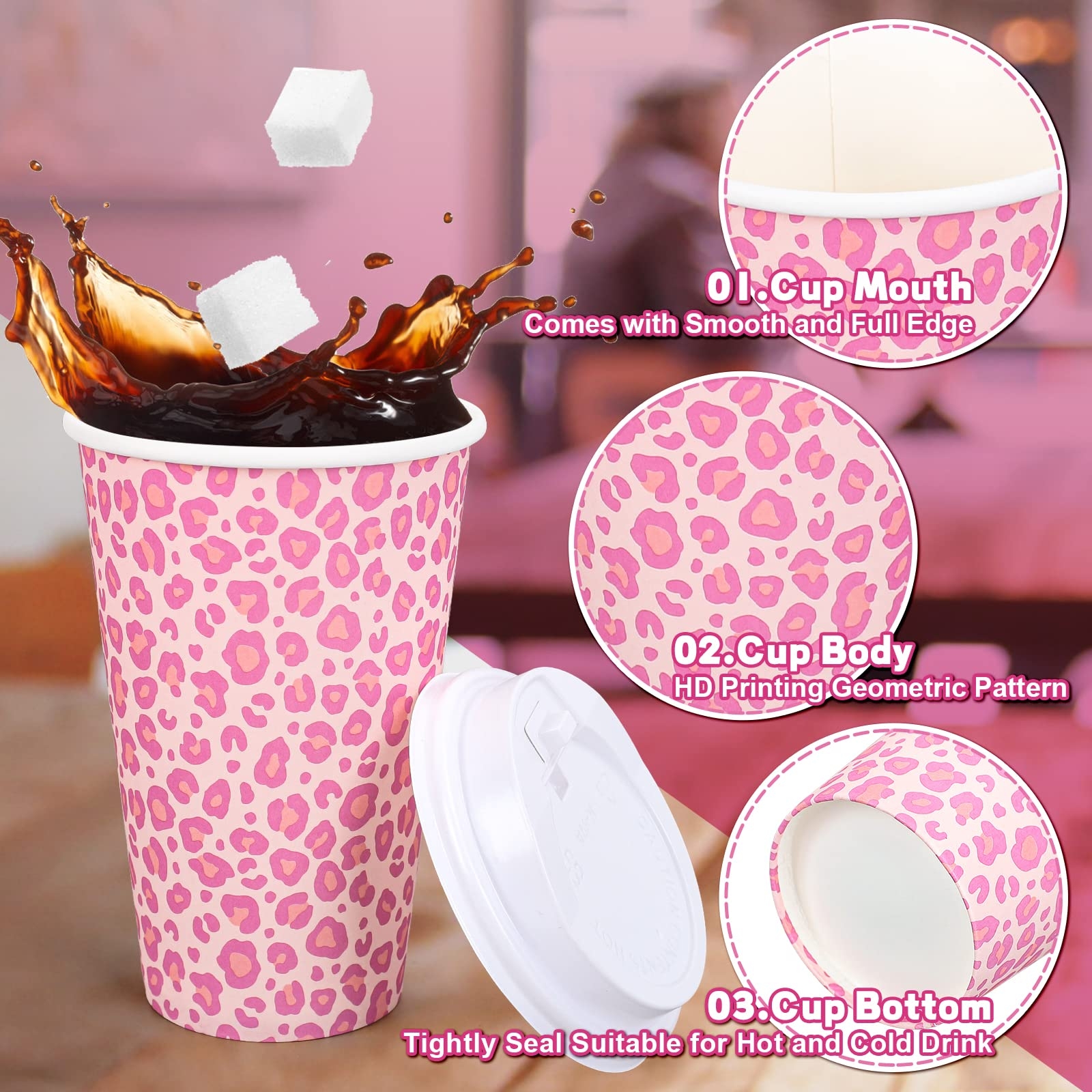 Amazon Whaline 50Pcs Leopard Hot Pink Paper Cups With Lids Pink White Paper Coffee Cups Animal Disposable Cups For Hot Drinks Cold Beverage Bridal Baby Shower Birthday Wedding Party Supplies Health