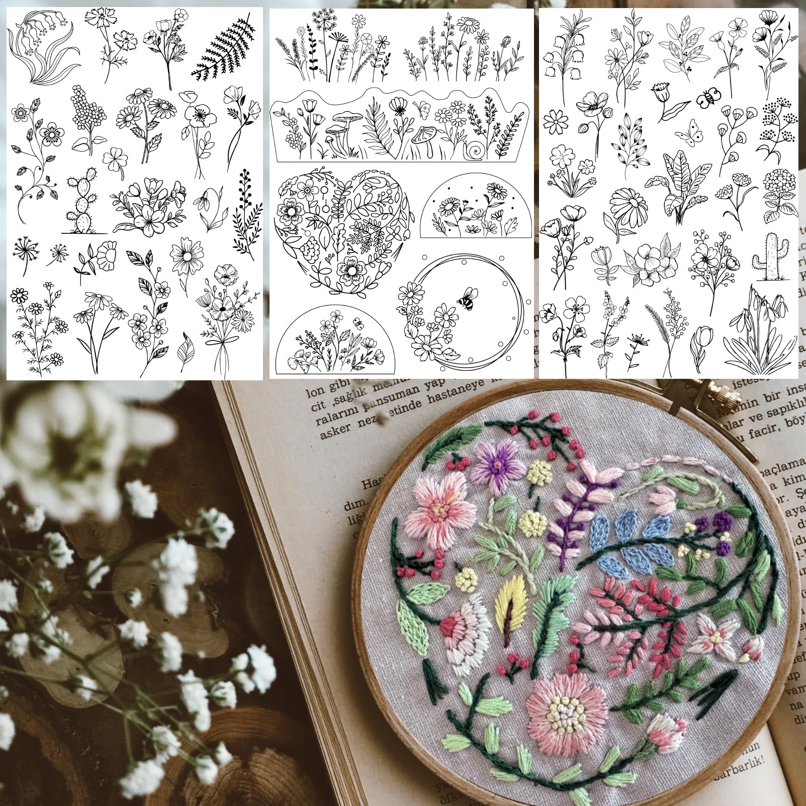 Amazon ZQmino 3 Sheets Stick And Stitch Embroidery Papers Designs Water Soluble Stabilizer For Embroidery Patterns With Pre Printed Flowers And Leaves Pattern Transfers For Hand Sewing Lover Beginners