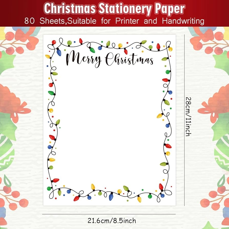 AnyDesign 80 Pieces Christmas Stationery Paper Colorful Christmas Light Bulb Border Letterhead Decorative Writing Paper Letters For Notes Greeting Cards Invitations Office School Print 21 6 X Amazon de Stationery Office Supplies