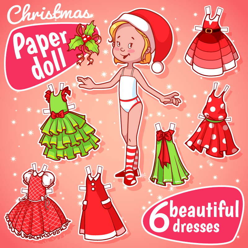 Christmas Paper Doll With Six Dresses Style24