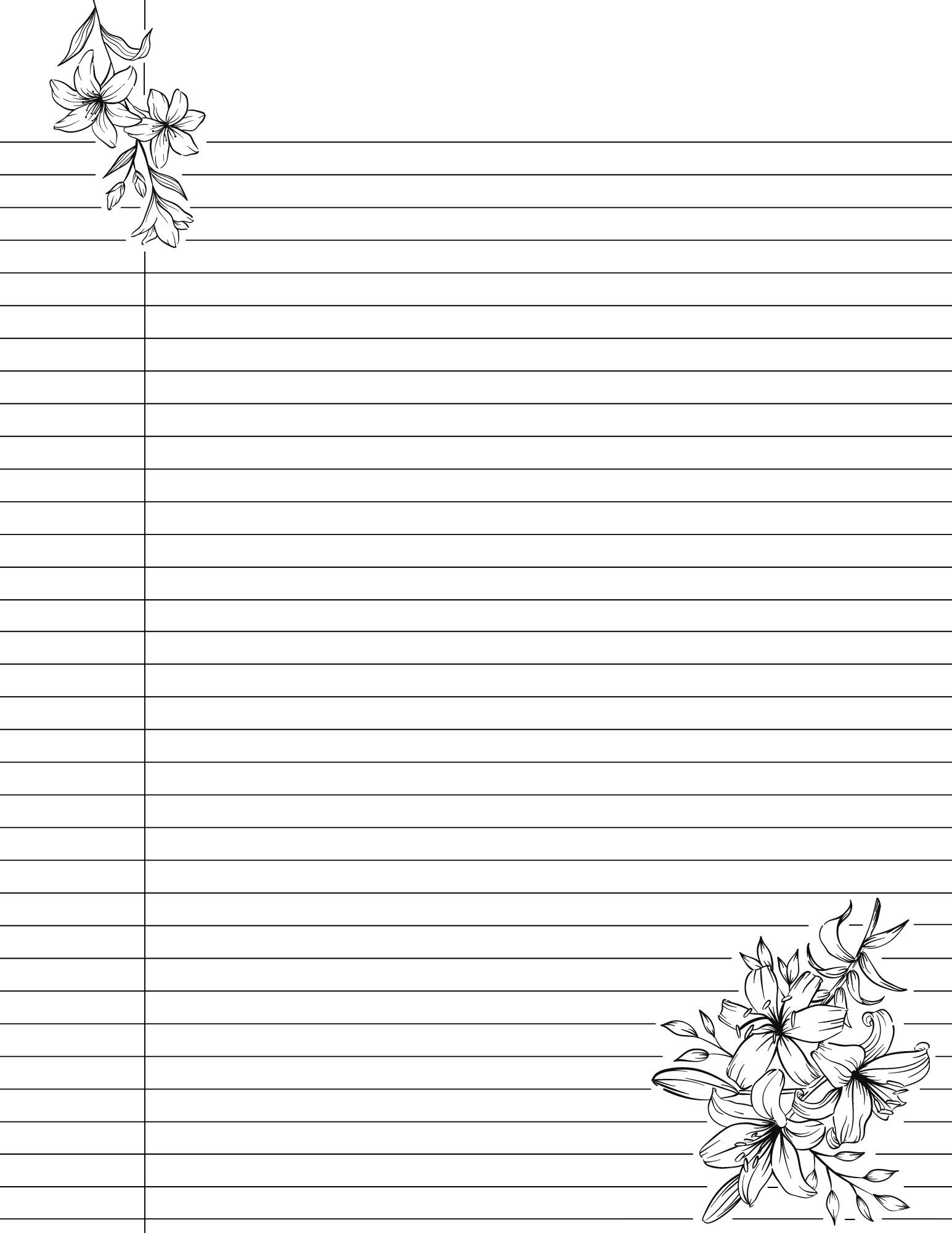 Cute Printable College Ruled Lined Notebook Paper With Margins Floral Lily Flower Design Double Sided Black White Easy Download Etsy UK