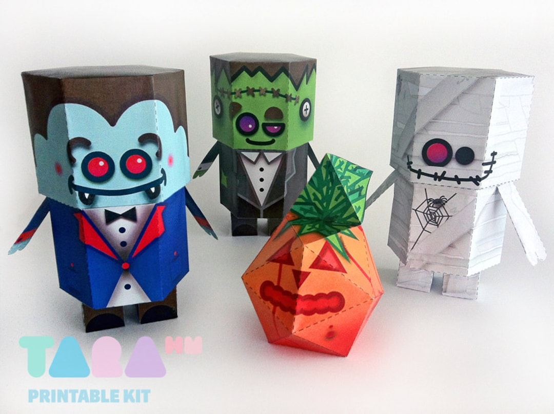 DIY Paper Toys Monsters Set Of 4 Printable Monsters Taramonsters DIY Paper Toy Art Toy Vampire Frankenstein Pumpkin Mummy Halloween Etsy Canada