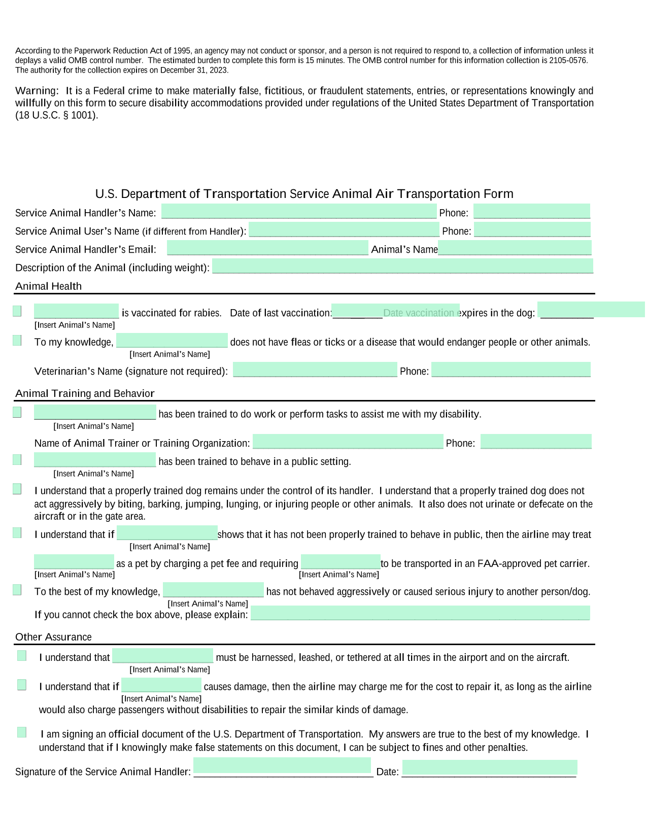 DOT Service Animal Air Transportation 2105