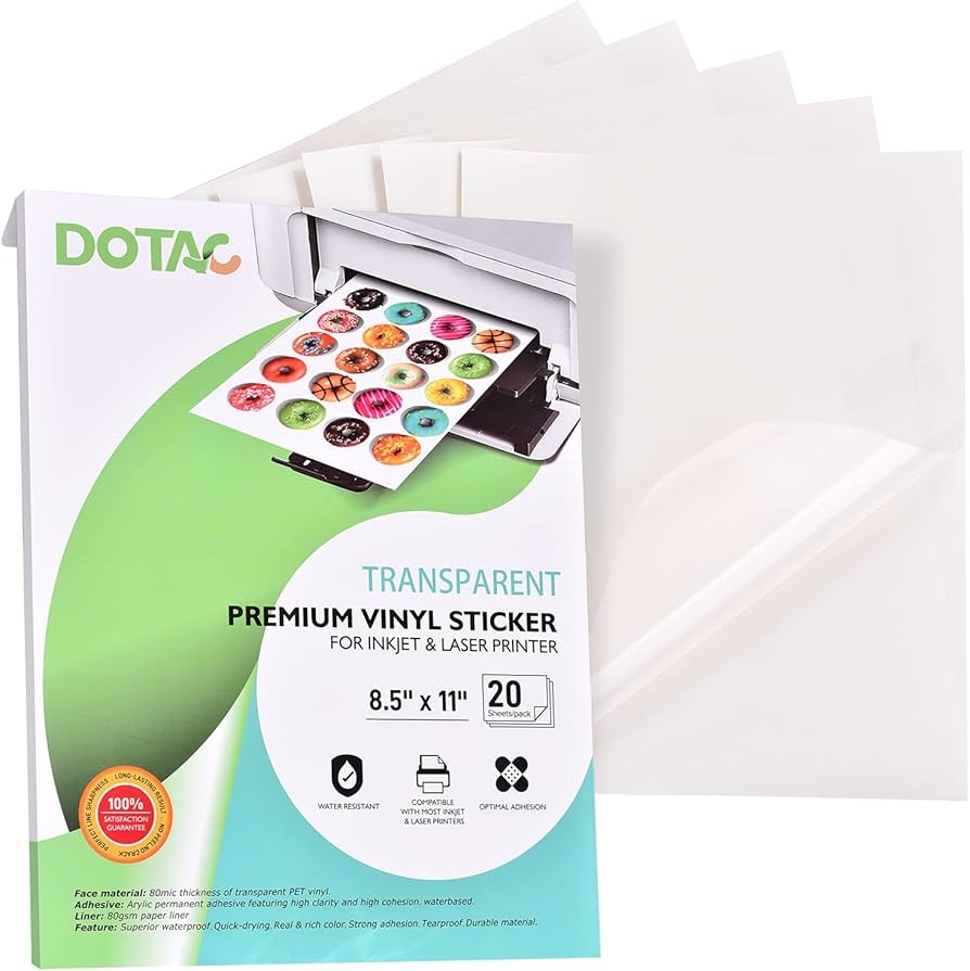 DOTAC Clear Printable Vinyl Sticker Paper 20 Sheets Waterslide Decal Paper 8 5 X 11 Transparent Sticker Paper Dries Quickly Tear Resistant For Inkjet Laser Printer Amazon co uk Stationery Office Supplies