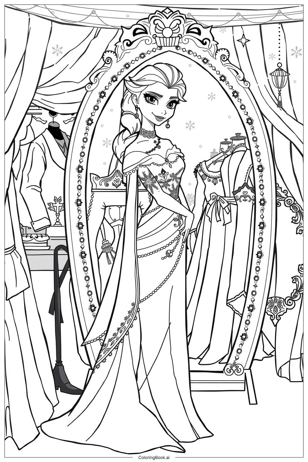 Elsa Paper Doll With Different Outfits Coloring Page Free PDF PNG Printable 