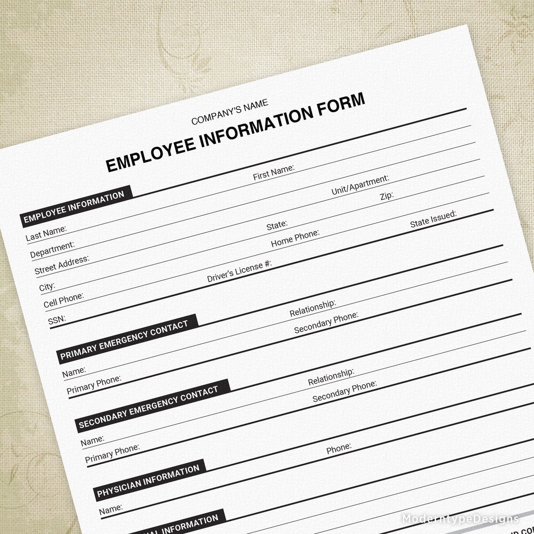 Employee Information Printable Form New Hire Sheet Digital File Instant Download Custom Editable Title Ecf002 Etsy Hong Kong