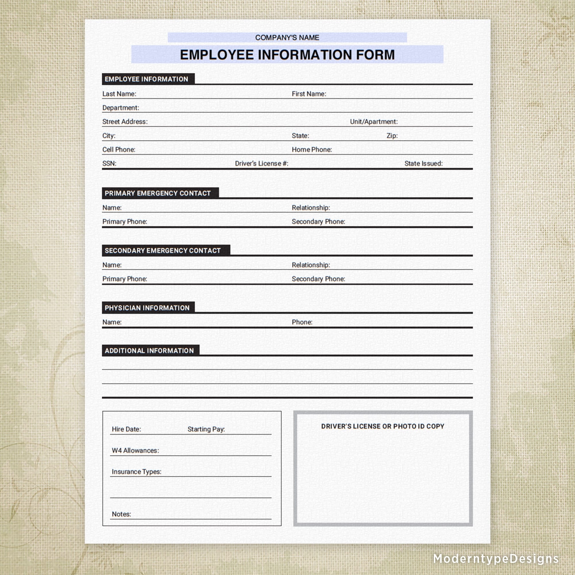 Employee Information Printable Form New Hire Sheet Digital File Instant Download Custom Editable Title Ecf002 Etsy UK