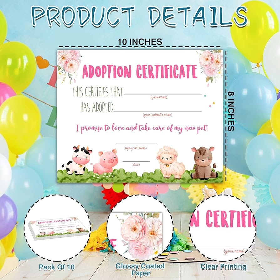 Farm Animal Adoption Certificate Adopt An Animal Certificate For Girls Farm Animals Adoption Party Decorations Farm Birthday Party Supplies 10 Adoption Certificates CC09 Amazon de Stationery Office Supplies