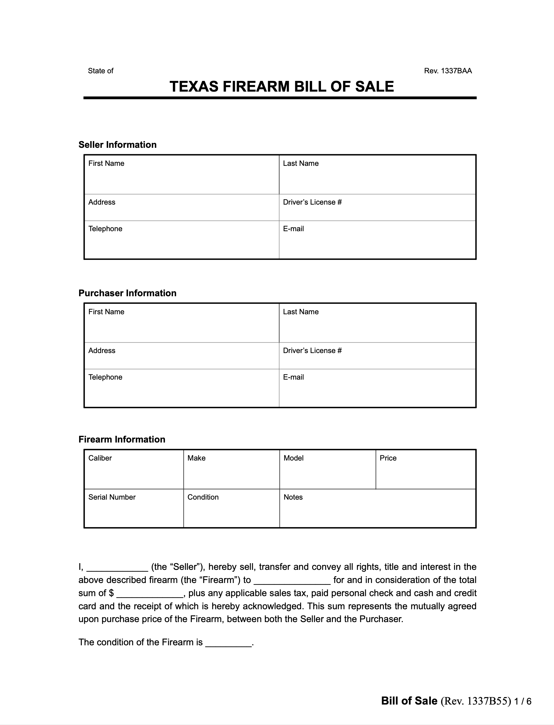 Free Texas Firearm Bill Of Sale Form PDF Word
