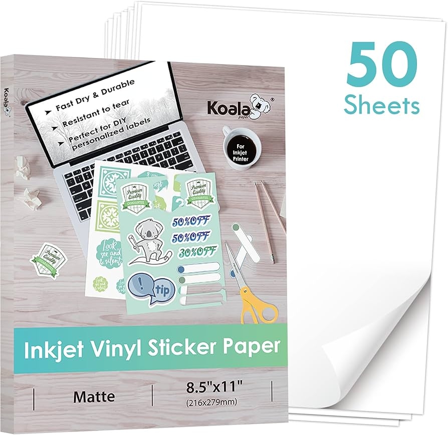 Koala Printable Vinyl Sticker Paper For Inkjet Printer 50 Sheets Matte White Sticker Paper Waterproof Sticker Paper 8 5 X 11 Inch Works With Cutting Machine Amazon de Stationery Office Supplies