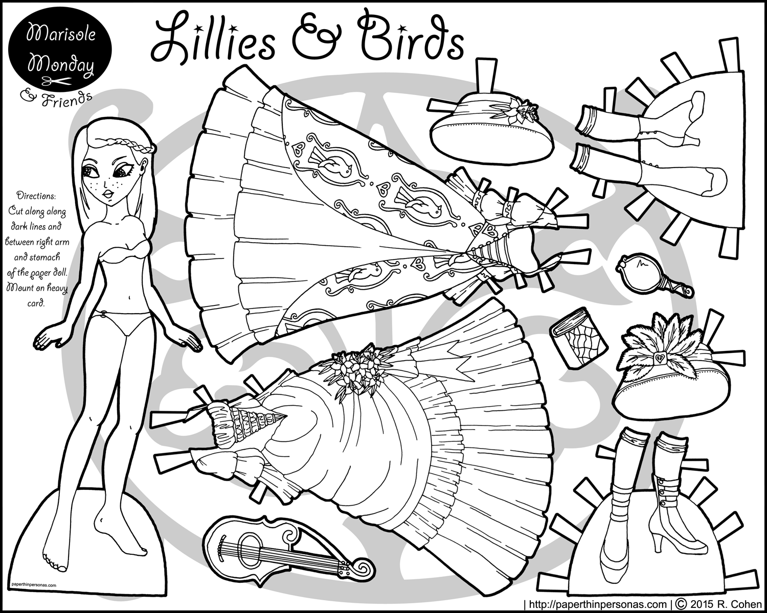 Lillies Birds A Printable Paper Doll Coloring Page Paper Thin Personas