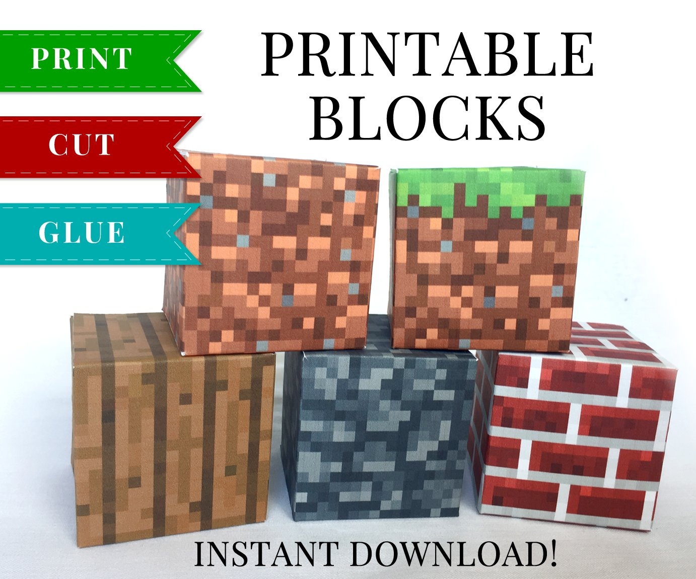 Minecraft Printable Papercraft Blocks SET 1 Minecraft Birthday Party Supplies