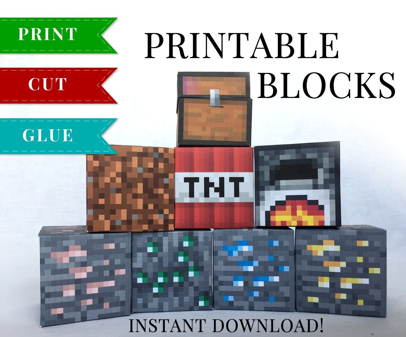 Minecraft Printable Papercraft Blocks SET 4 Minecraft Birthday Party Supplies