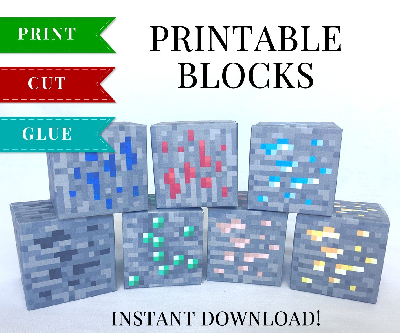 Minecraft Printable Papercraft Ore Blocks SET 5 Minecraft Birthday Party Supplies
