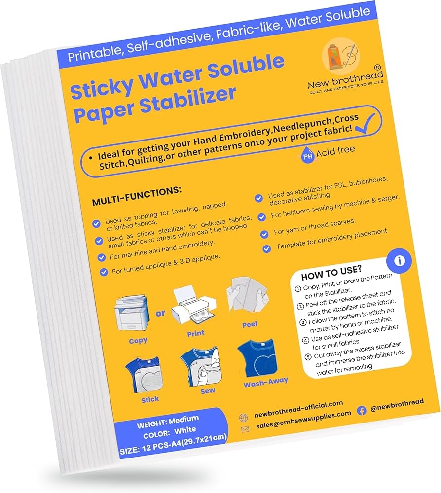 New Brothread 12 Pieces A4 29 7 X 21 Cm Self adhesive Water soluble Embroidery Fleece Printable Embroidery Paper Medium Weight Suitable For Printing Or Drawing Patterns Hand And Machine Amazon de Home Kitchen
