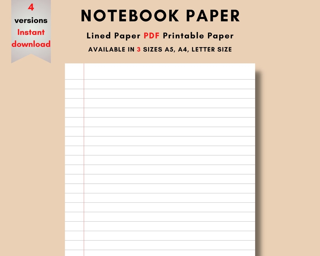 Notebook Paper Digital Download School Paper Lined Paper PDF Printable Paper Lined Paper A5 A4 Letter Size PDF Planner Pages Etsy UK