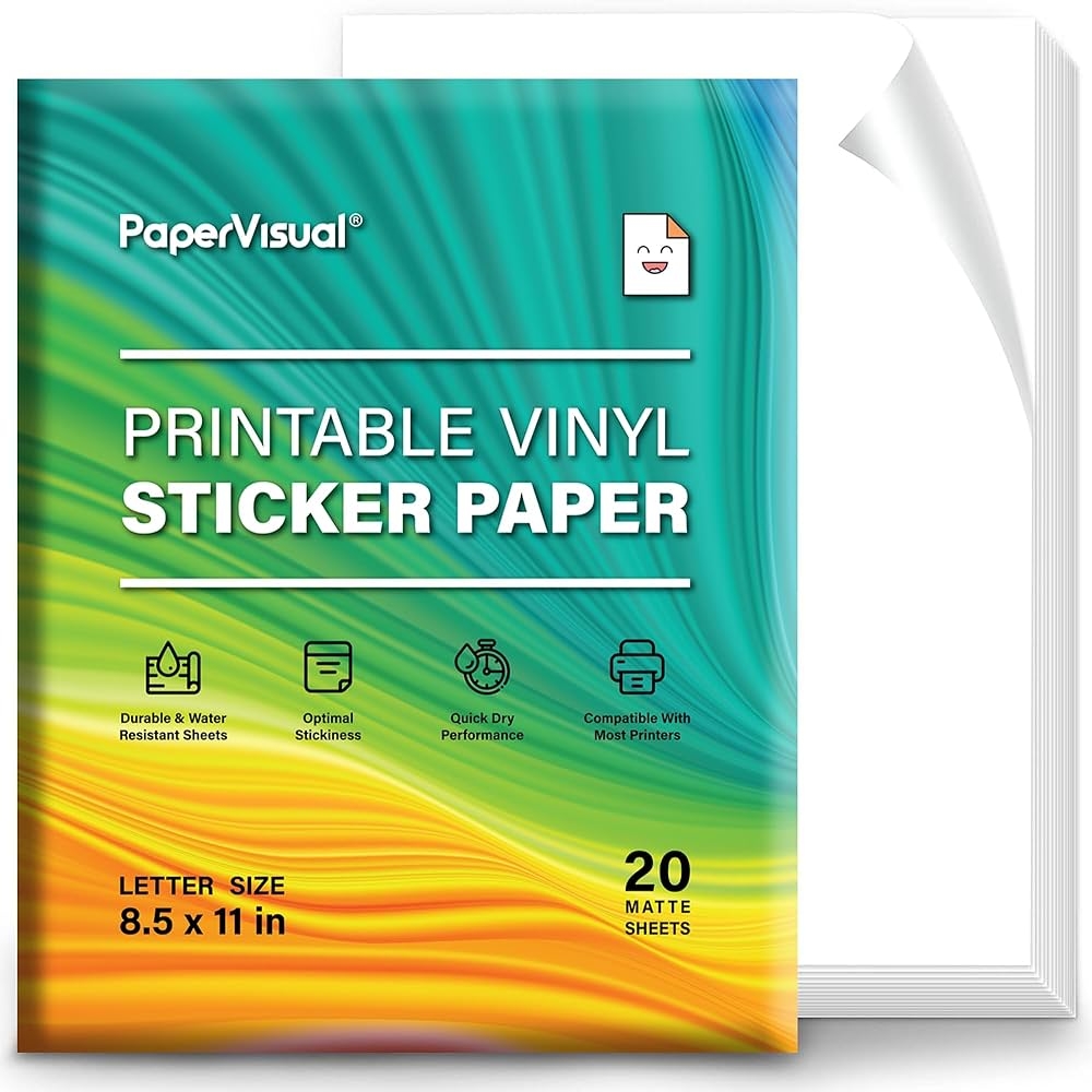 PAPERVISUAL Printable Vinyl Sticker Paper For Inkjet Printers 20 Sheets Matt White Waterproof Thick Tear Resistant And Smudge Proof 8 5 X 11 Inches Inkjet And Laser Printers Amazon de Stationery Office Supplies