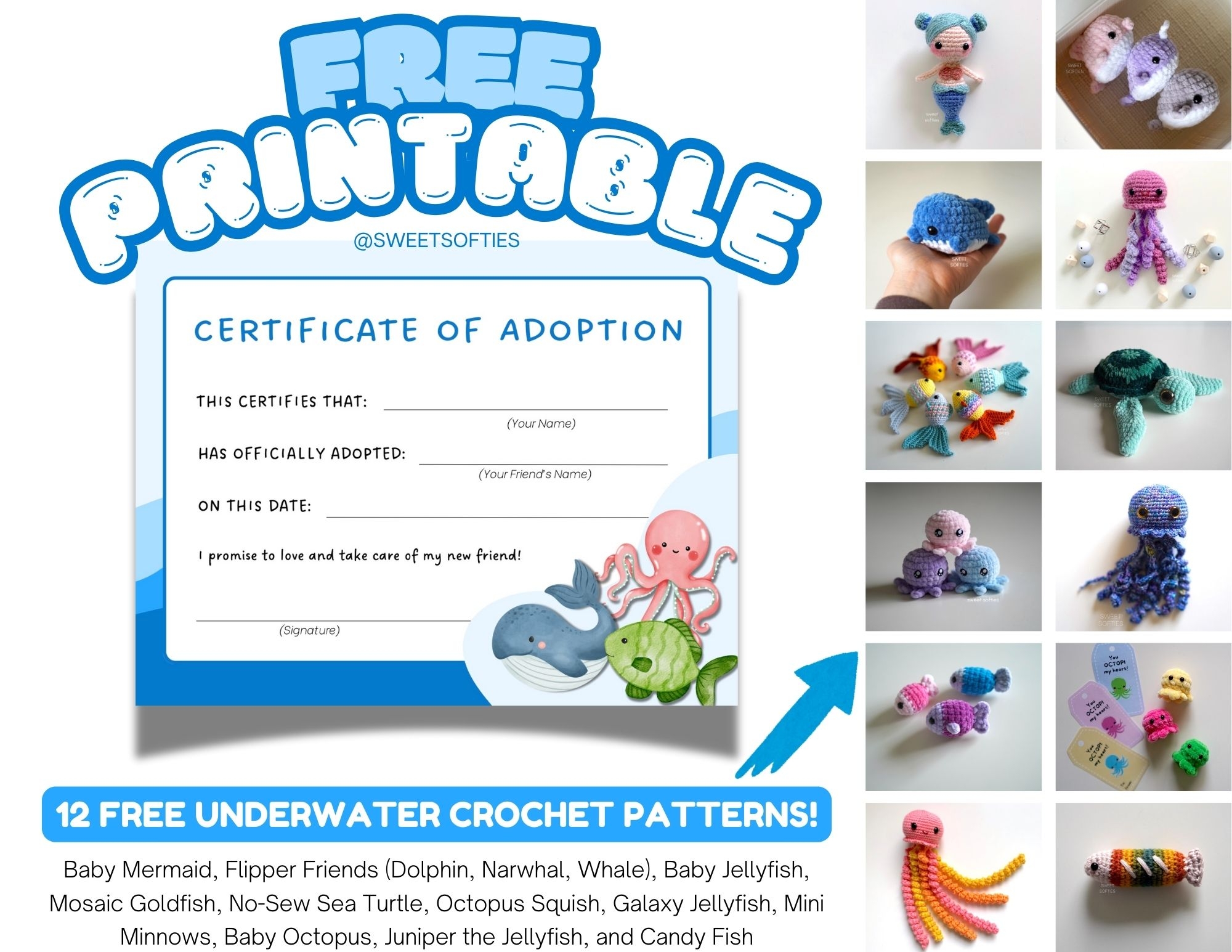 Printable Amigurumi Adoption Certificate Free Crochet Sea Animal Pattern Roundup Sweet Softies