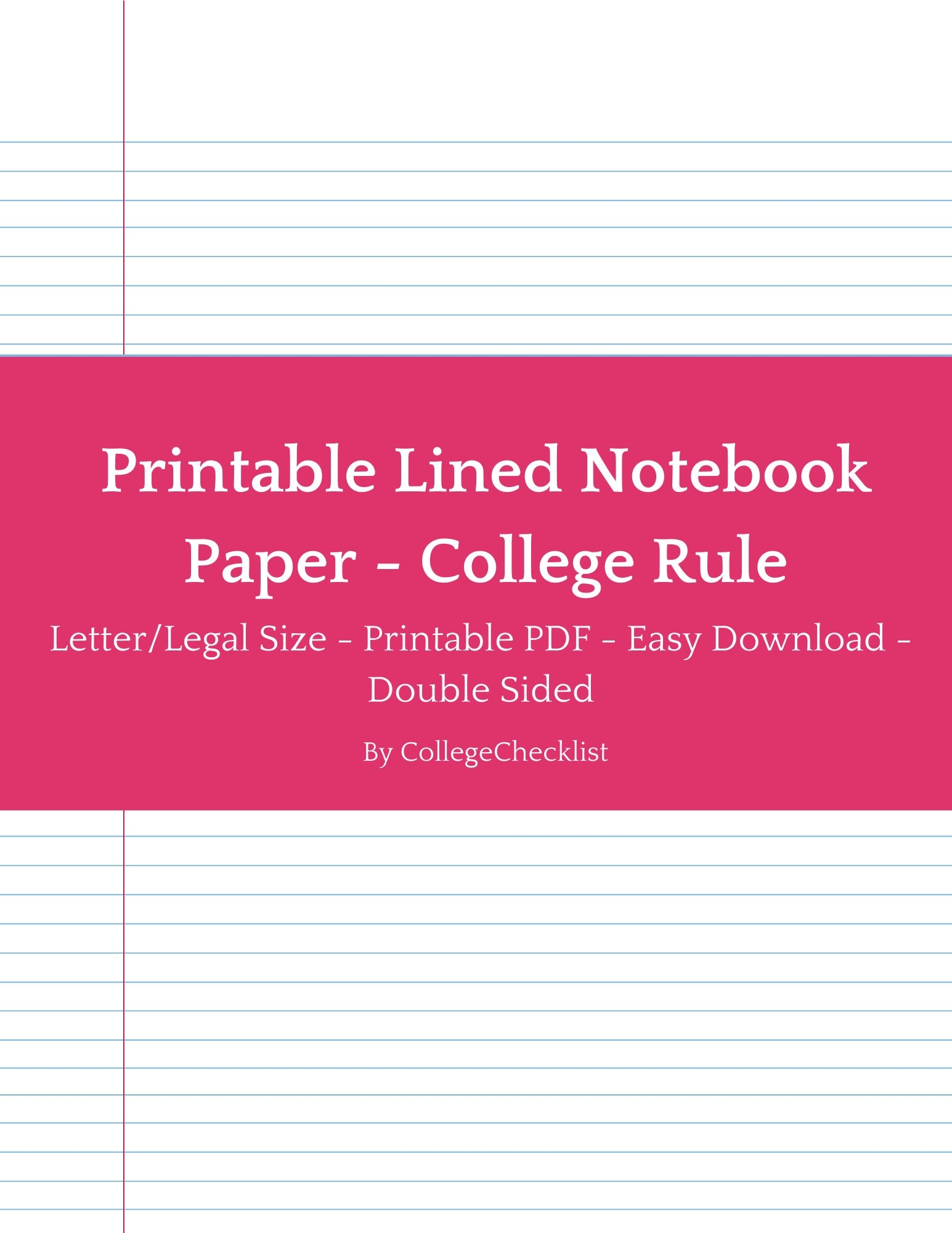 Printable College Ruled Lined Notebook Paper With Margins Double Sided Blue Red Easy Download School Essentials Etsy