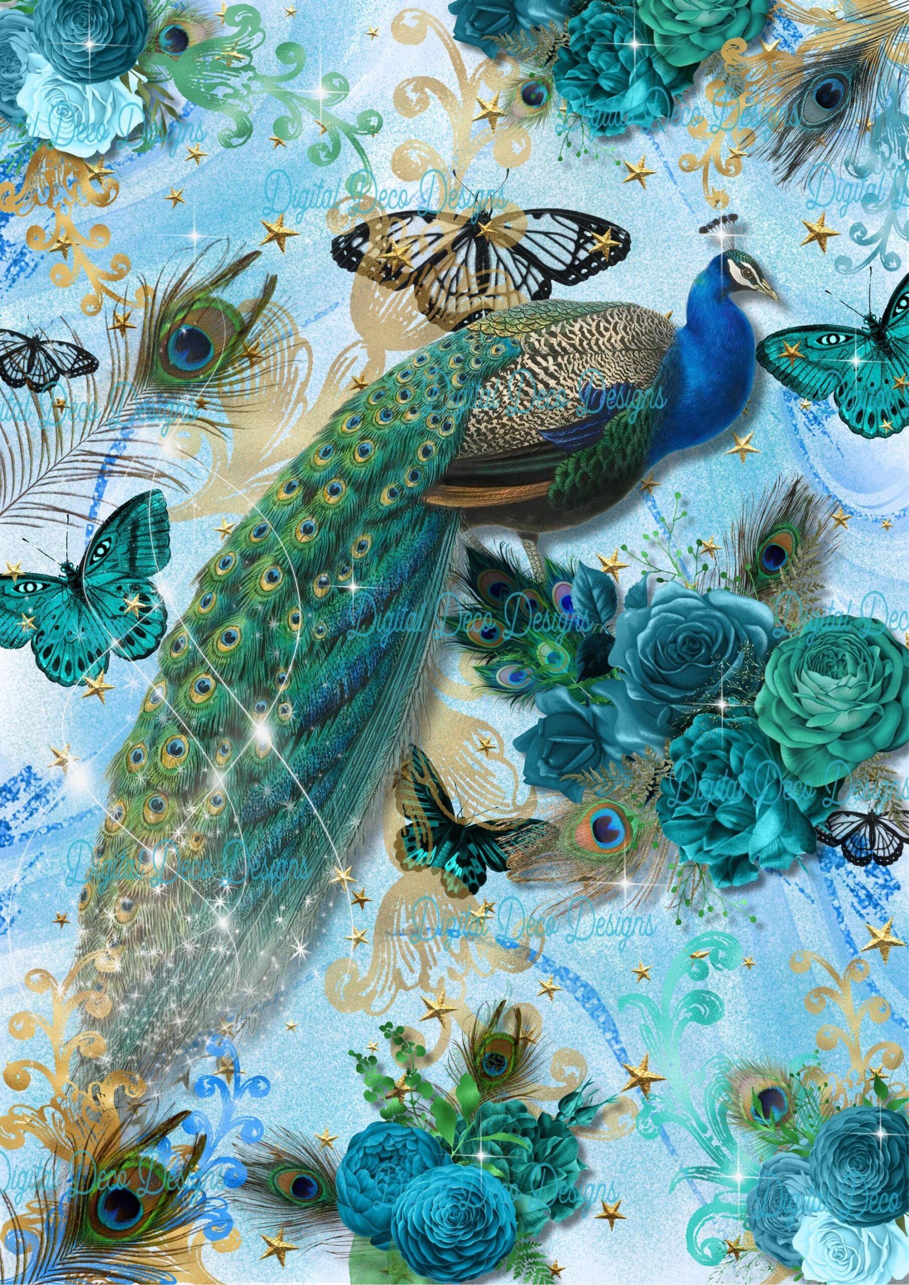 Printable Decoupage Paper instant Download magic Penny a4 whimsical peacock peacock Feathers aqua teal printed decorative Paper Crafts diy Etsy