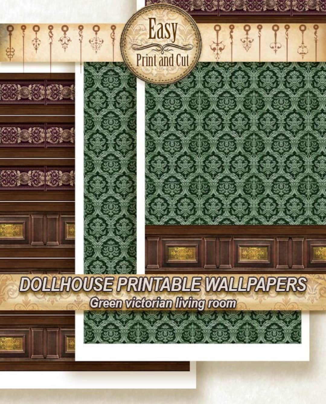 Printable Dollhouse Wallpaper Green Victorian Living Room Wood Panel DIGITAL DOWNLOAD For 1 12 Dollhouses The Pattern Is Tileable Etsy UK