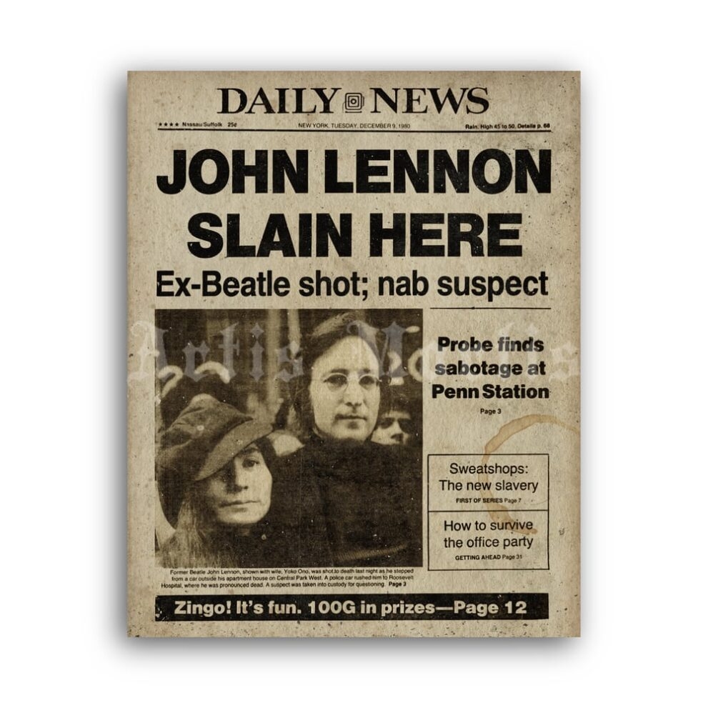 Printable John Lennon Slain Newspaper Cover The Beatles History Poster