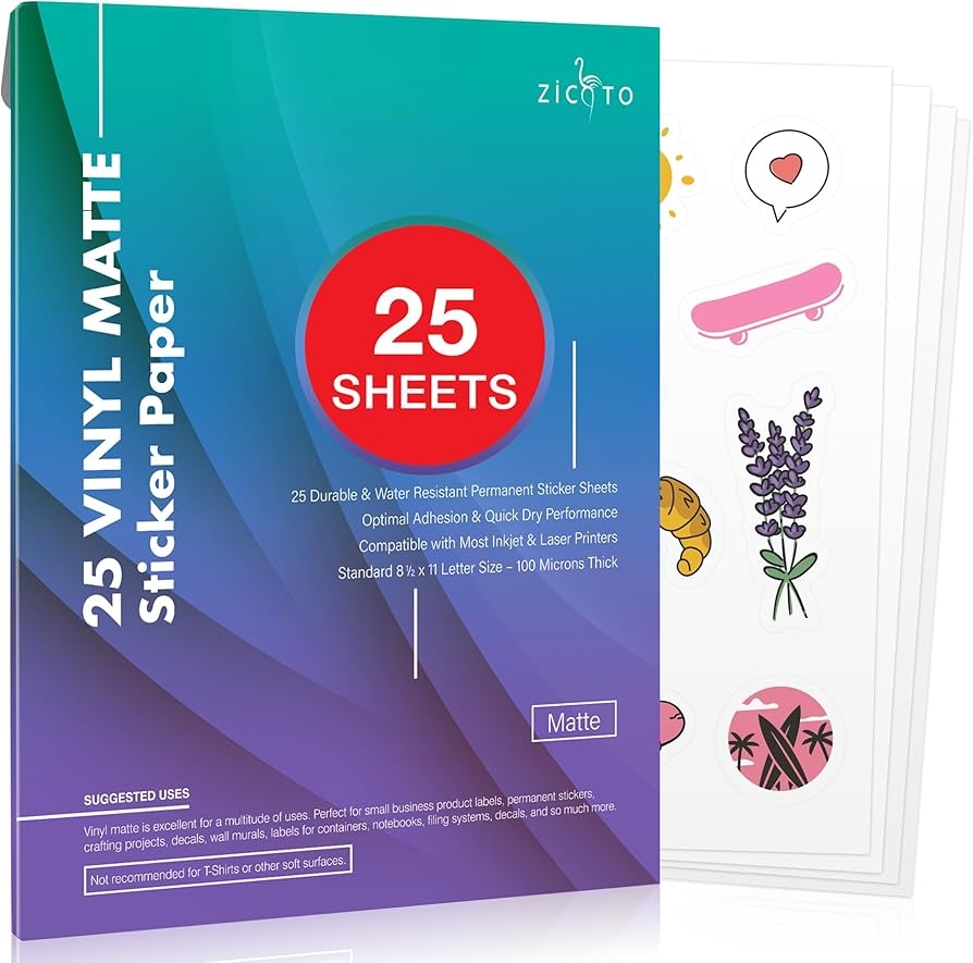 Printable Premium Vinyl Sticker Paper 25 Matte Sheets Waterproof White Sticker Paper Perfect For Your Inkjet Or Laser Printer And Cricut Cutting Machine Compatible Amazon de Stationery Office Supplies