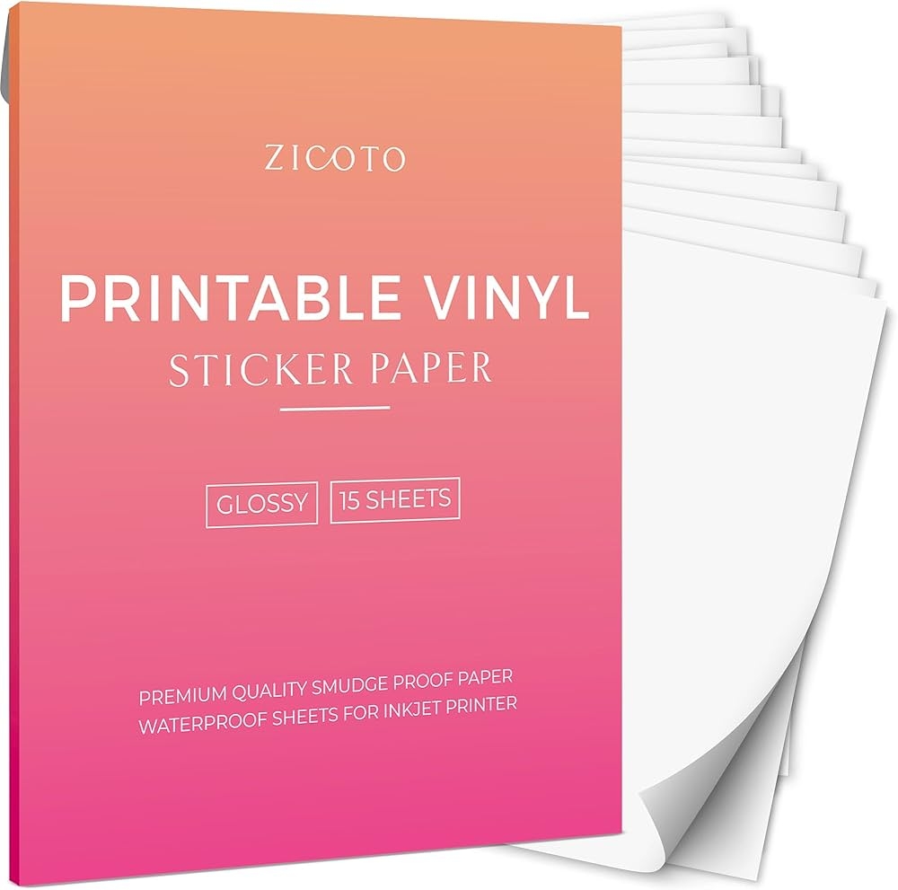 Printable Premium Vinyl Sticker Paper For Your Inkjet Or Laser Printer 15 Glossy White Waterproof Sticker Paper Sheets Dries Fast And Holds Ink Beautifully Amazon de Stationery Office Supplies