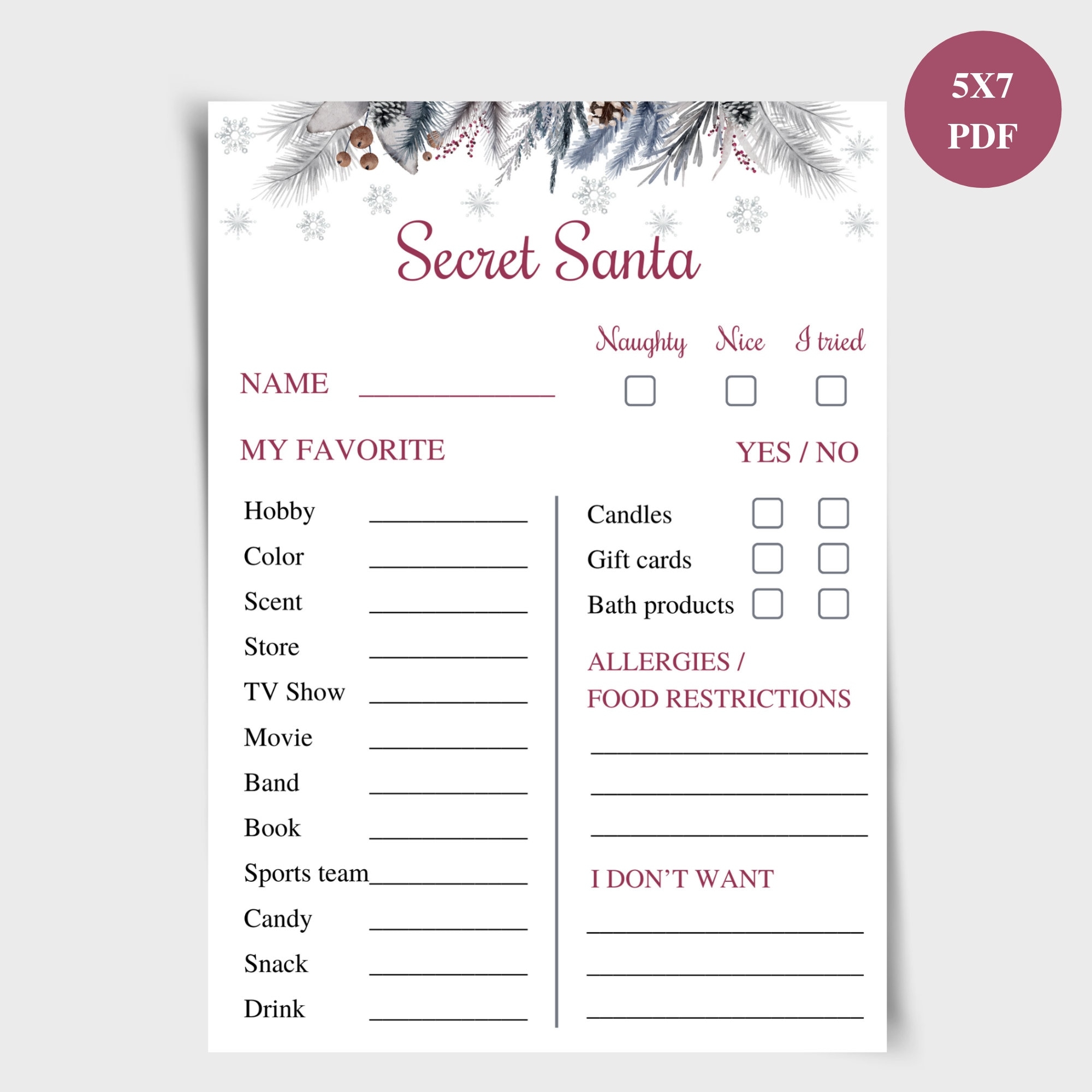 Printable Secret Santa Questionnaire 5x7 Work Secret Santa Info Cards Christmas Gift Exchange Questions Secret Santa Christmas Wish List Etsy