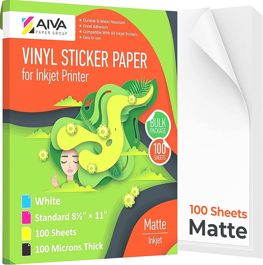Printable Vinyl Adhesive Paper For Inkjet Printers Matte White 100 Self Adhesive Sheets Waterproof Sticker Paper Standard Letter Size 8 5 X 11 Amazon de Stationery Office Supplies