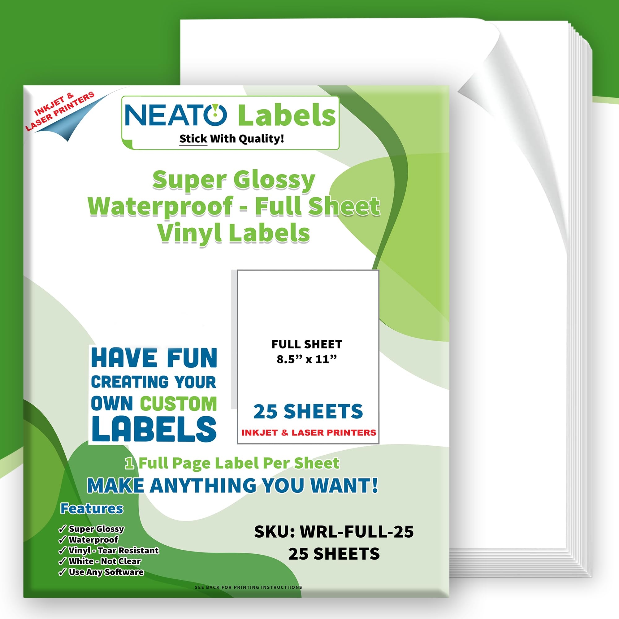 Printable Vinyl Sticker Paper 25 Super Glossy Waterproof Labels For Inkjet And Laser Printers High Quality White Full Sheets Strong Adhesive Tear Resistant Amazon de Stationery Office Supplies