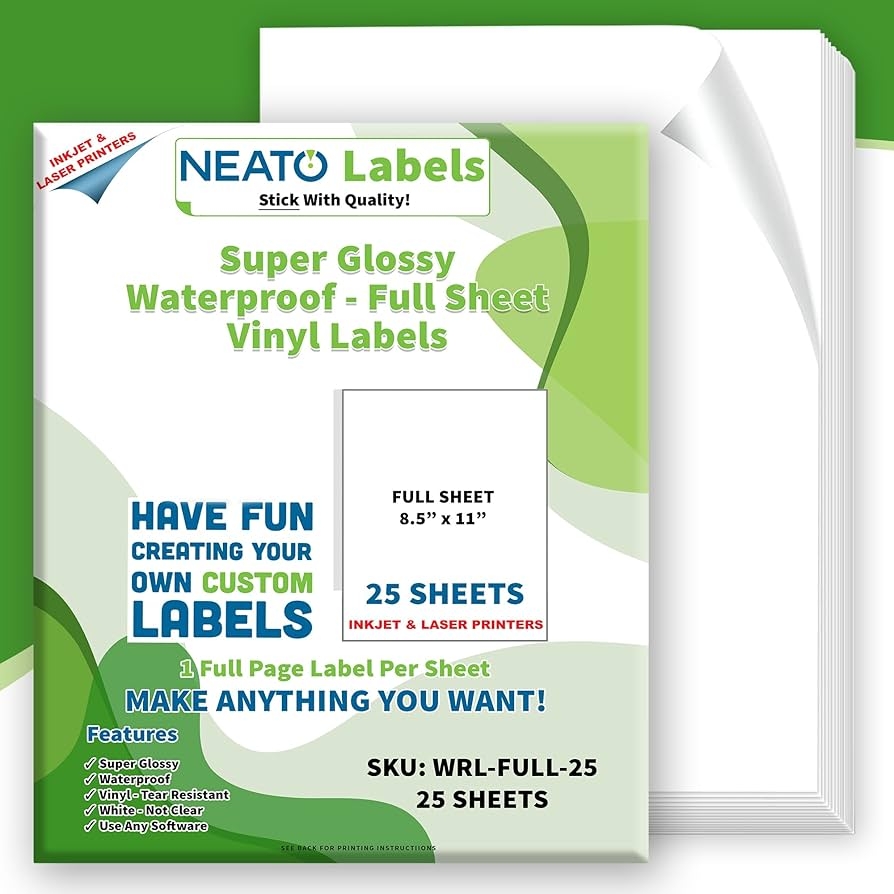 Printable Vinyl Sticker Paper 25 Super Glossy Waterproof Labels For Inkjet And Laser Printers High Quality White Full Sheets Strong Adhesive Tear Resistant Amazon de Stationery Office Supplies