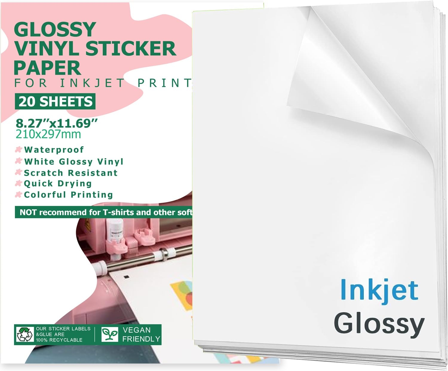 Printable Vinyl Sticker Paper For Inkjet Printers Glossy White 20 Pcs Waterproof Sticker Paper Self Adhesive Sheets 8 5 X 11 Inch Dries Fast And Keeps Ink Beautifully Amazon de Stationery Office Supplies