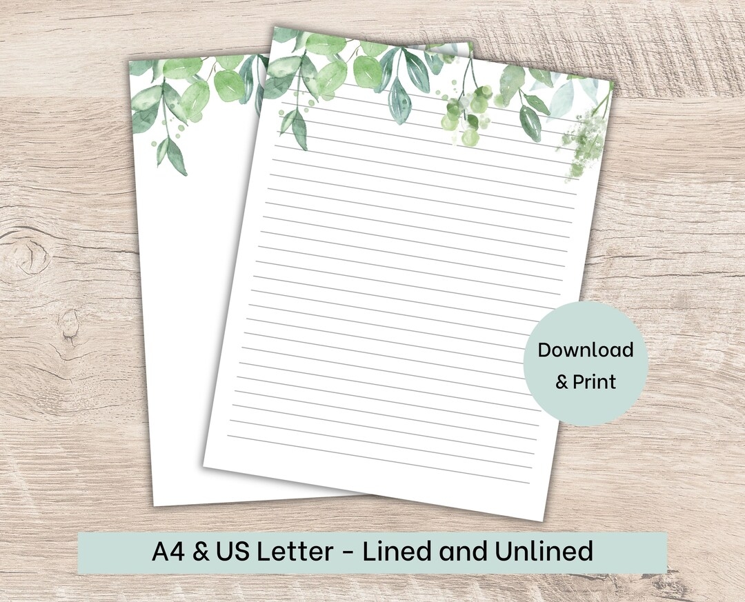 Printable Writing Paper Botanical Stationery Greenery Border US Letter A4 Paper Lined Unlined Letter Writing Paper Digital Download Etsy