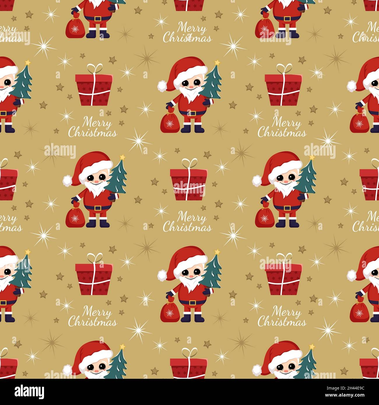 Seamless Pattern With Festive Red Gift Box Santa Claus Inscription Merry Christmas And Stars On Gold