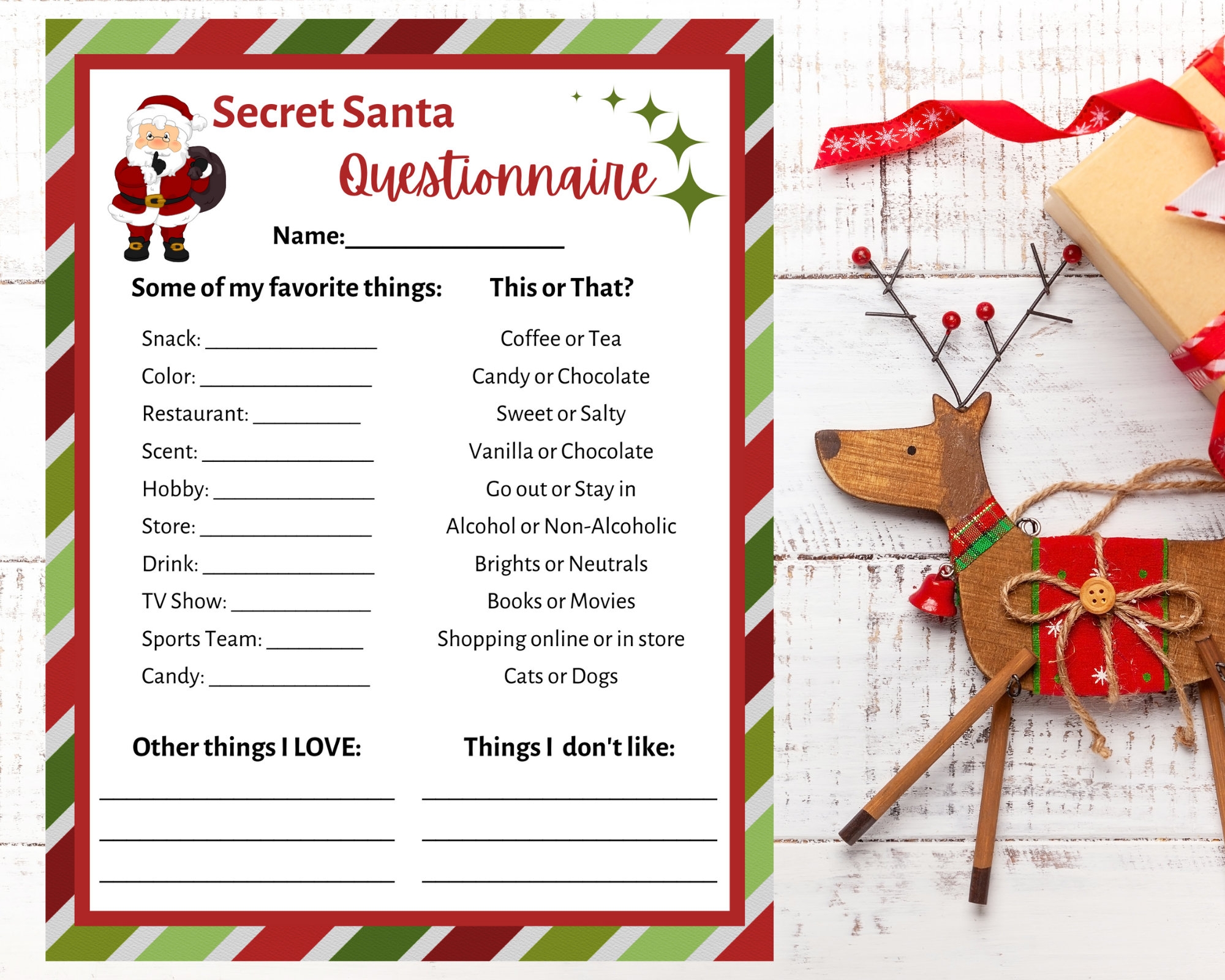 Secret Santa Questionnaire Printable Secret Santa Form Secret Santa For Work Secret Santa Printable Secret Santa Wish List Christmas Etsy