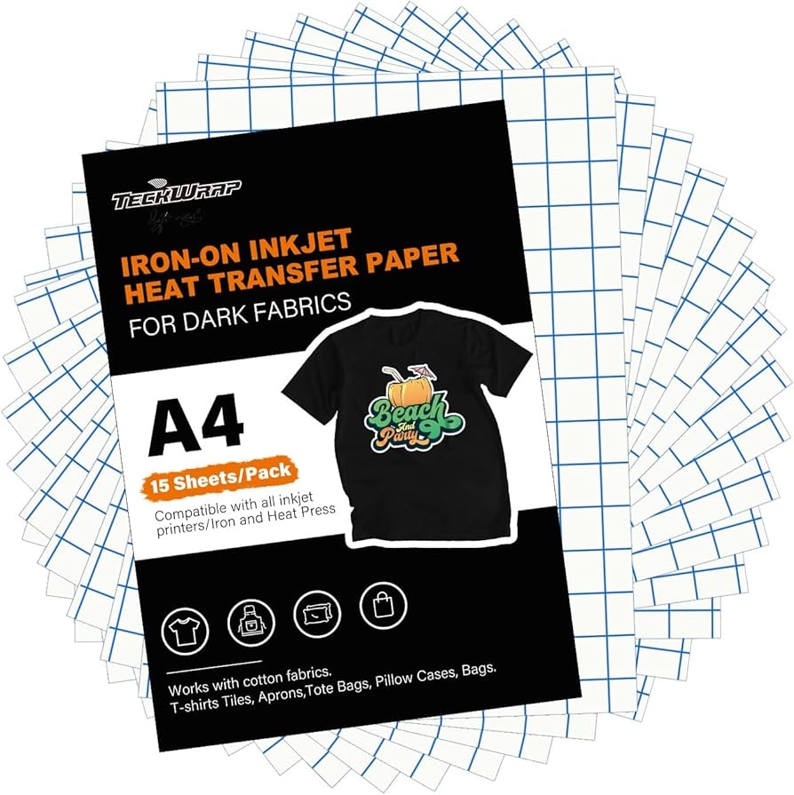 TECKWRAP 15 Sheets Inkjet Printable Iron On Transfer Paper For T Shirt Printer Paper Heat Transfer Paper Vinyl Dark Fabric 8 5 X 11 Inch Amazon de Home Kitchen