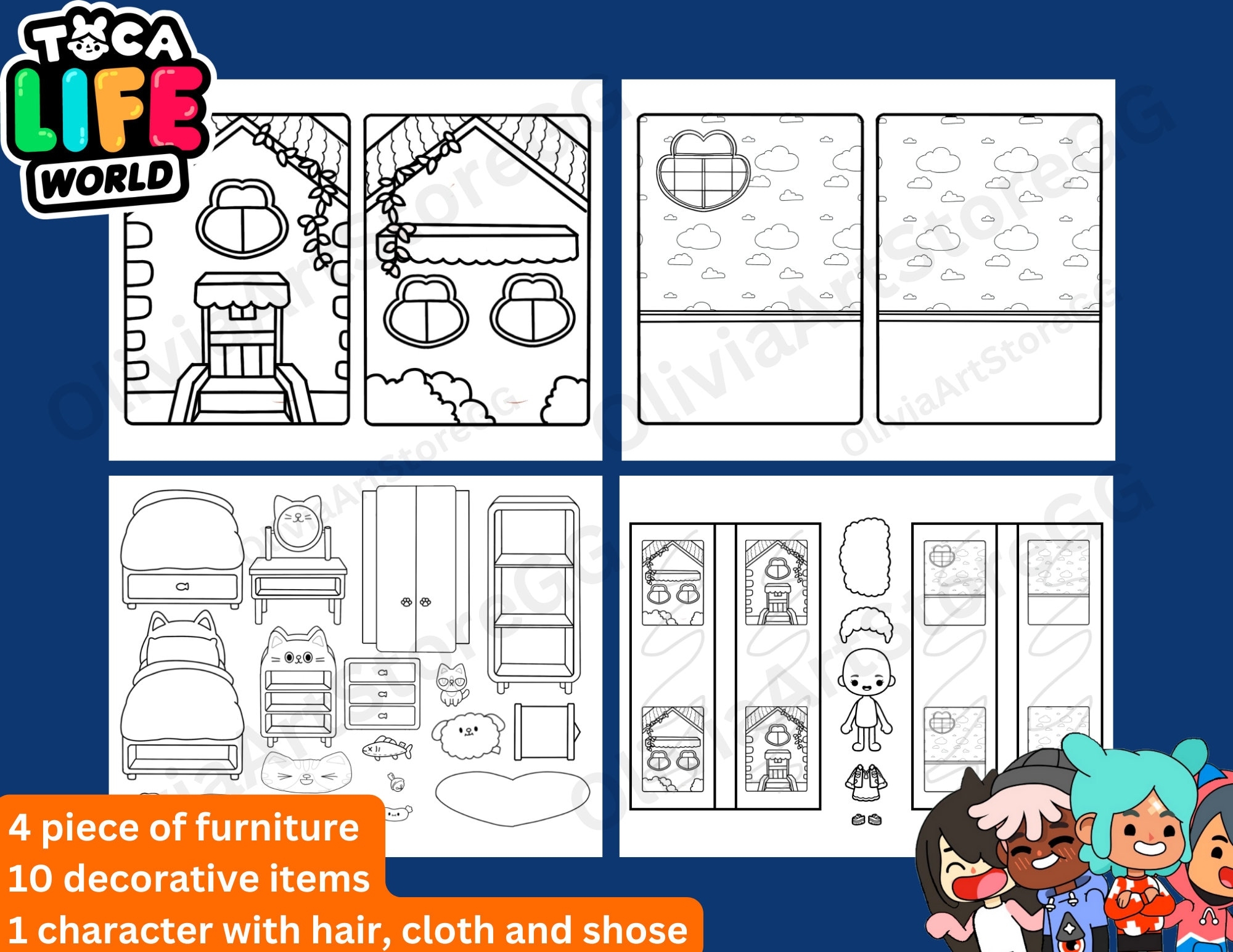 Uncolored Toca Boca Paper Doll House With Furniture Toca Boca Paper Craft Quiet Book Toca Boca Printable Doll Toca Bedroom Cat Etsy