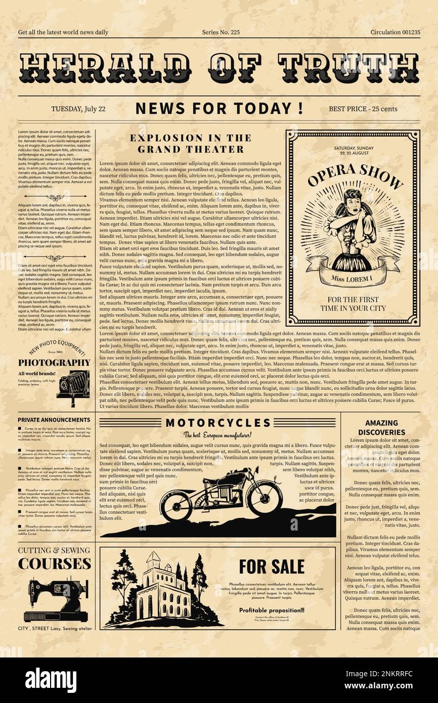 Vintage Paper News Old Poster Template Retro Article Page Template Journal Cover Newsprint Front Sheet Antique Fonts And Photo Newspaper Sheet D Stock Vector Image Art Alamy