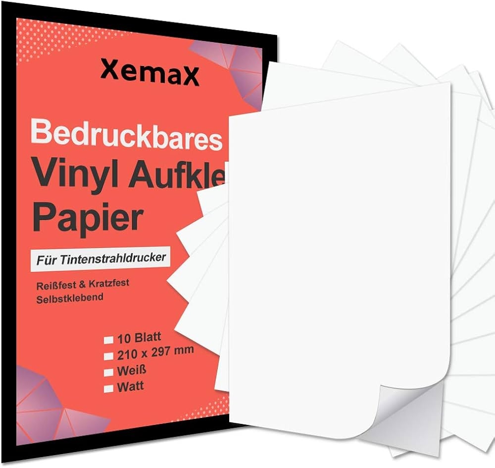 XemaX 10 Sheets Vinyl Sticker Paper For Printing Self Adhesive Paper Adhesive Paper A4 Printable Matt Vinyl Sticker Paper Sticker A4 210 X 297 Mm For Inkjet Printers Amazon de Stationery Office Supplies